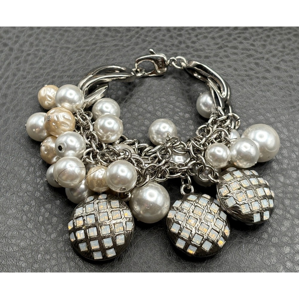 Vintage St. John Silver Tone Faux Pearl Faux Opalite Charm Bracelet Chunky